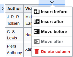Screenshot showing how to add or remove columns from a table