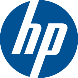A dark blue circle with the stylized italic letters "hp" on it