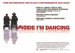 Two men sitting on wheelchairs, one of them wearing a cowboy hat, are seen on a white background. Next to them is the film's title.