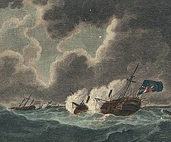 HMS Romney aground off the Texel on 18–19 November 1804; her Blue Ensign at the stern is inverted.