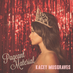 An album cover featuring Kacey Musgraves in profile, wearing a jeweled tiara and facing left, with long brown hair and a bare shoulder visible, set against a red, glittering backdrop with vertical strands