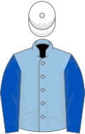 Light blue, royal blue sleeves, white cap