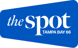 The words "the" in an italic thin serif and "spot" in a bolder serif, with "TAMPA BAY 66" in smaller sans serif print in the lower right corner, in an angled rounded rectangle
