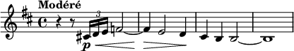 {
\set Staff.midiInstrument = #"english horn"
\relative c' {
\set Score.currentBarNumber = #5
\key d\major
\time 4/4
\tempo Modéré
\override DynamicLineSpanner.staff-padding = #2
r4 r8 \tuplet 3/2 { cis!16\p\< d e } f2~
f4\> e2 d4\!
cis4 b b2~
b1
}
}