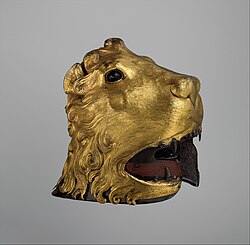 Barbuta sallet with decorative sheathing in the shape of a lion's head, Italian, 1475–1480, Metropolitan Museum of Art