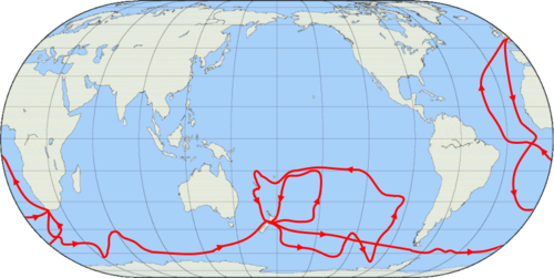 A map of the entire globe, with lines showing the track of Cook's second voyage