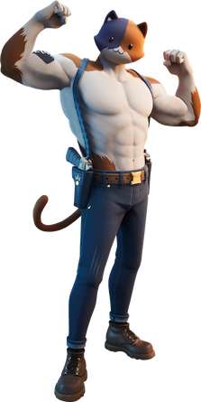 Digital image of topless muscular humanoid with a smiling cartoon cat head wearing jeans, boots, and a gun holster. The character is raising and flexing both arms to display its muscles.