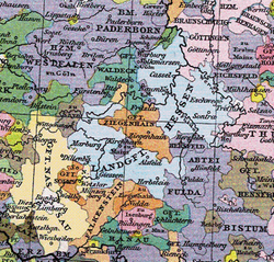 Medieval division of Hesse (sky blue), 1400. Upper Hesse is the more southerly territory.
