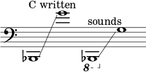 
    {
      \new Staff \with { \remove "Time_signature_engraver" }
      \clef bass \key c \major \cadenzaOn
      bes,,1 ^ \markup "C written" \glissando g'1
      \ottava #-1 bes,,,1 ^ \markup "sounds" \glissando \ottava #0 g1
    }
  
