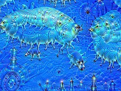 An image of jellyfish processed with DeepDream after ten iterations
