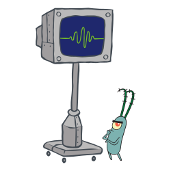 An animated computer monitor on a base with wheels stands next to a small, dark green, one-eyed copepod