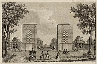 The unfinished Arc de Triomphe between the toll houses of the Barrière de l'Étoile, 1818