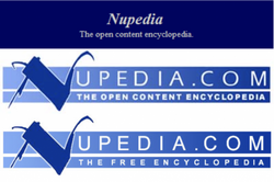 Top: The first Nupedia logo, consisting of "Nupedia / The open content encyclopedia." on a plain navy blue background. Middle: The second Nupedia logo; it reads "NUPEDIA.COM / THE OPEN CONTENT ENCYCLOPEDIA", and is significantly more stylized than the first logo. Bottom: The third Nupedia logo; it now reads "NUPEDIA.COM / THE FREE ENCYCLOPEDIA", differs slightly in typography and layout from the second logo, and is higher resolution.