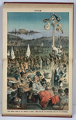 Photograph of a two-page spread of a bound version of Puck magazine with a color cartoon printed perpendicularly across both leaves