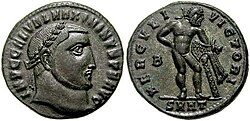 Maximinus II and Hercules with club and lionskin (Roman, 313 CE)