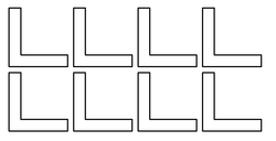 A set of 8 L-shaped objects is laid out as two rows of four, with each in the same orientation