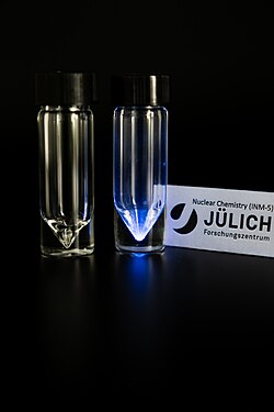 Image: 3 gigabecquerels (approx. 40 ng) of astatine-211 were produced and isolated at the Forschungszentrum Jülich at the Institute of Neurosciences and Medicine (INM-5: Nuclear Chemistry). The blue glow stems from the ionisation by the radiation.