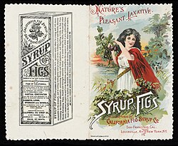 Two-part advertisement - the left part contains the label for the "Syrup of Figs", a laxative preparation actually made from senna, while the right part shows a woman holding a fig branch and some fruit.