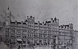 A black-and-white ink drawing of a grand building stretching across the photo with a white tower in the corner. People are walking on the very wide street in front.