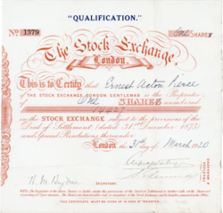 Stock certificate of the London Stock Exchange, issued on 31 March 1920, declared as a qualification share. The capital of the Exchange from its incorporation consisted of 20,000 shares held only by its members, with trustees and directors required to hold 10 qualification shares.