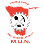 Aa pickaxe, shovel, and miner's hat, all over a white gear, which in turn is over a red map of Namibia, with the union's motto: A People United Shall Never Be Defeated