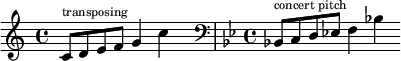  \relative {
    \cadenzaOn
    \clef treble \key c \major
    c'8[ ^ \markup \tiny "transposing" d e f] g4 c
    \hide r4 \bar "|"
    \clef bass \key bes \major \time 4/4
    bes,,!8[ ^ \markup \tiny "concert pitch" c d ees!] f4 bes!
  }