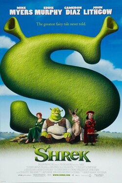 Princess Fiona and Shrek sit, while Donkey, and Lord Farquaad stand in front of a giant green "S" stylized with Shrek's ears on a grassy landscape.
