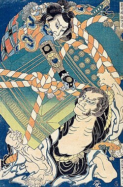 By Hokusai featuring Kojima Yatarō and Saihoin Akabozu, c. 1830