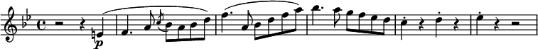 
\relative e' {
  \key bes \major \time 4/4
  r2 r4 e( \p
  f4. a8 \acciaccatura c8 bes a bes d)
  f4.( a,8 bes d f a)
  bes4.( a8 g f es d(
  c4-. r d-. r
  es4-. r r2
}
