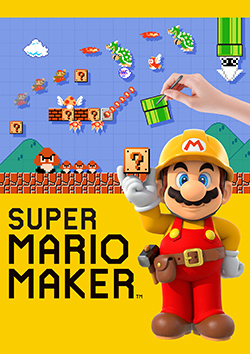 Mario, wearing a construction worker outfit, is holding a ? Block next to the game's logo. On the top, a hand is making a course in the style of the original Super Mario Bros. game.