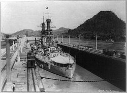 Hyperboloid mast towers were on the USS Arizona, in lock, Panama, 1921.
