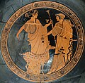 Apollo with the arrow bringing death and plague, Artemis with bow, quiver, and hunting dog; Greek pottery, c. 470 BC.