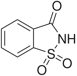 Saccharin, a cyclic sulfonamide that was one of the first artificial sweeteners discovered