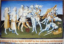 Detail from The Travels of Marco Polo,  1410, showing an armored "Mamluk" with a short, spiked flail tucked into his belt