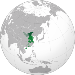 Mengjiang (dark green) alongside the Wang Jingwei regime (light green) at its furthest extent