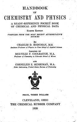 Title page of 8th edition of Handbook of Chemistry and Physics, published in 1920