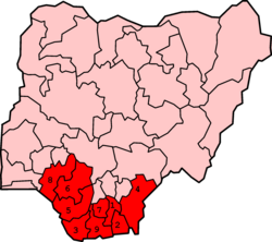 Map showing location of States comprising Niger Delta