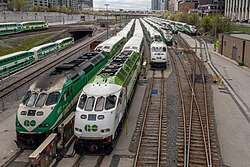 GO Transit rolling stock at North Bathurst Yard