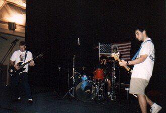 Chisel plays on the University of Notre Dame campus, April 1991. From left, are Ted Leo, John Dugan and Chris Infante.
