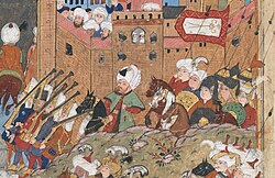 Sokulluzade Hasan Pasha leading in troops with a Zulfiqar flag in 1590. Divan of Mahmud Abd al-Baki, 1590–95