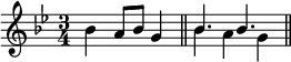 \new Staff <<
\mergeDifferentlyHeadedOn
\mergeDifferentlyDottedOn
\new voice \relative c'' {
\set Score.tempoHideNote = ##t \tempo 4 = 136
\key g \minor
\time 3/4
bes4 a8 bes g4 \bar "||"
\stemDown bes4 a g \bar "||"
}
\new voice \relative c'' {
s2.
\stemUp bes4. bes
}
>>