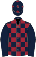Dark blue and maroon check, dark blue sleeves, maroon stars on cap