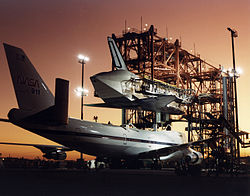 Atlantis being prepared to be mated to the Shuttle Carrier Aircraft using the Mate-Demate Device following STS-44.