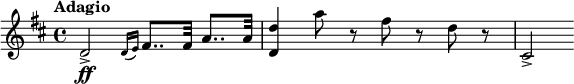 
\relative c' {
 \tempo "Adagio"
 \key d \major
 d2\ff-> \grace{ d16 [(e)] }fis8.. fis32 a8.. a32 | <d d,>4 a'8 r fis r d r | cis,2->
}
