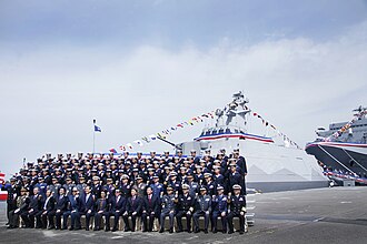 Taiwanese President Ma Ying-jeou with dignitaries, officers, and crew at Tuo Chiang's commissioning ceremony