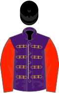 Purple, gold braid, scarlet sleeves, black velvet cap, gold fringe