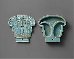 Cosmetic box in the shape of an Egyptian composite capital, its cap being in the left side; 664–300 BC; glassy faience; 8.5 × 9 cm; Metropolitan Museum of Art