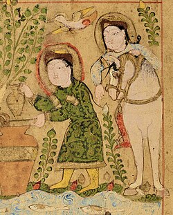 Figures in Turkic dress, with aqbiya turkiyya coat, tiraz armbands, boots and sharbush hat. Kitāb al-Diryāq, Jazira, 1198–1199 CE.[97]