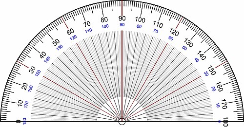A half circle protractor marked in degrees (180°).