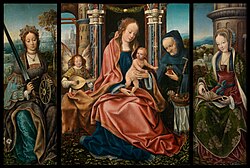 Workshop of the Master of Frankfurt, Sagrada Familia con ángel músico, Santa Catalina de Alejandría, Santa Bárbara, 1510–1520, Museo del Prado, Madrid